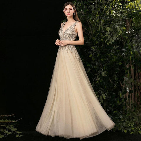 Women's A-Line Evening Dress Sexy Prom Dresses Sleeveless Beaded V-Neck Formal Dresses - numbersea