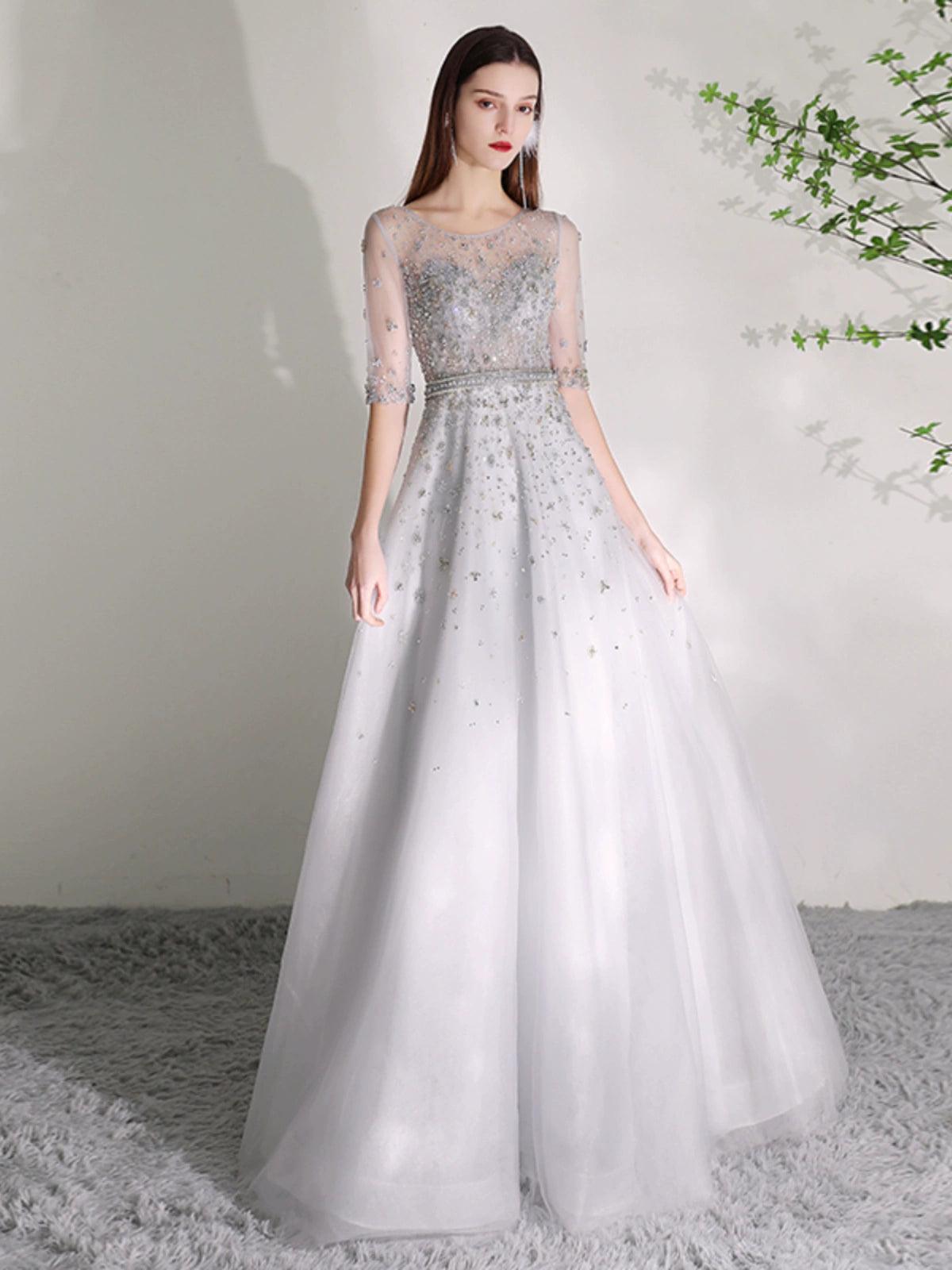 Women's A-Line Evening Dress Beaded Sexy Prom Dresses Half Sleeve Formal Dresses for Women - numbersea