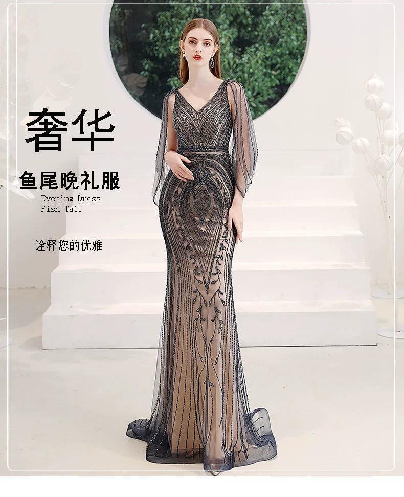 Women's Mermaid Evening Dress Long Prom Dresses Beaded V-Neck Formal Dresses - numbersea