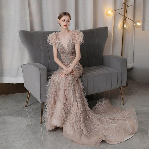 Women's Sexy Evening Dress Beaded Mermaid Prom Dresses Long V-Neck Formal Dresses for Women - numbersea