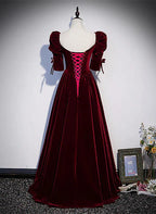 Vestido de fiesta largo de corte A con mangas cortas en color rojo vino, vestido de dama de honor en color rojo vino