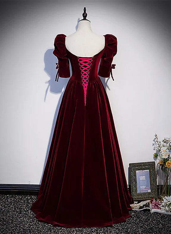 Vestido de fiesta largo de corte A con mangas cortas en color rojo vino, vestido de dama de honor en color rojo vino