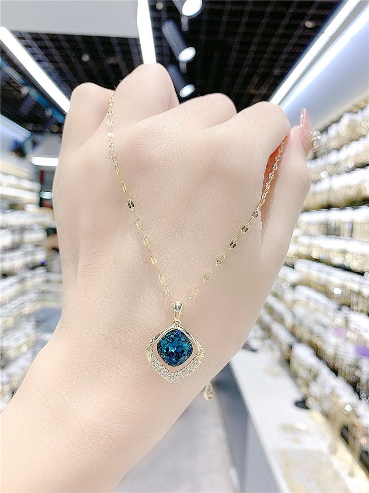 High sense blue geometric crystal necklace women's new trendy temperament fashion Internet celebrity short collarbone chain neck chain