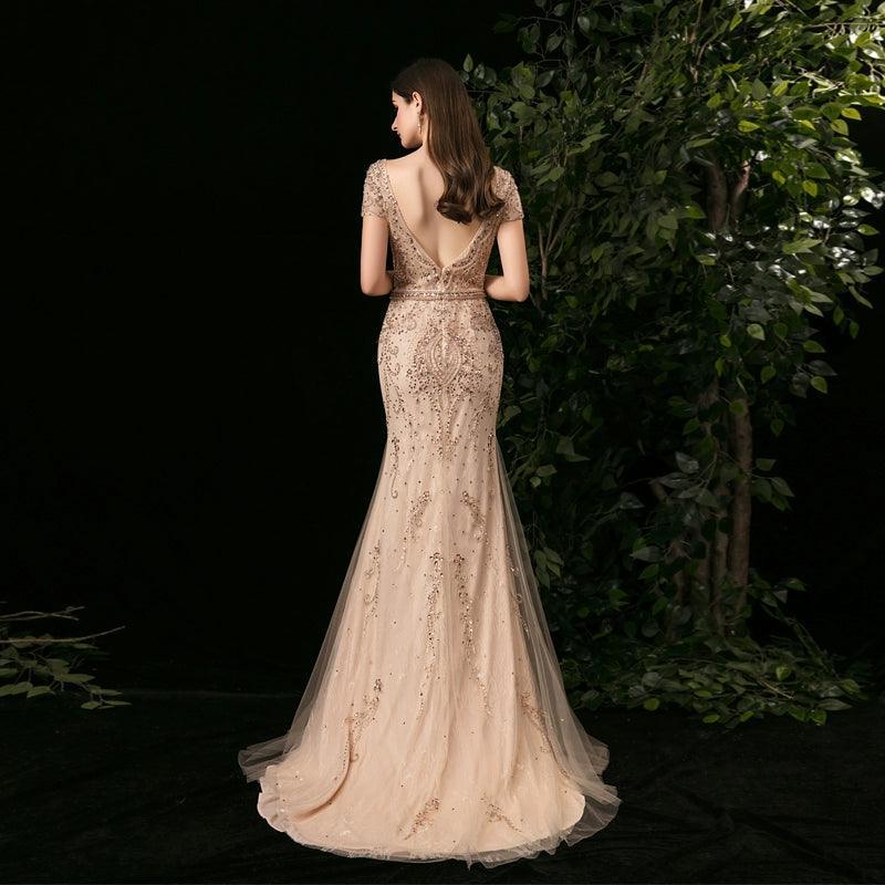 Women's Mermaid Evening Dress Long V-Neck Prom Dresses Beaded Formal Dresses - numbersea