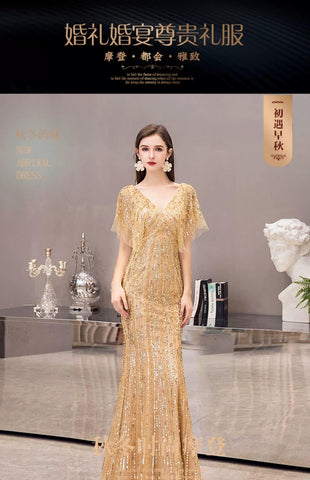 Women's V-Neck Evening Dress Sexy Prom Dresses Beaded Formal Dresses for Women - numbersea