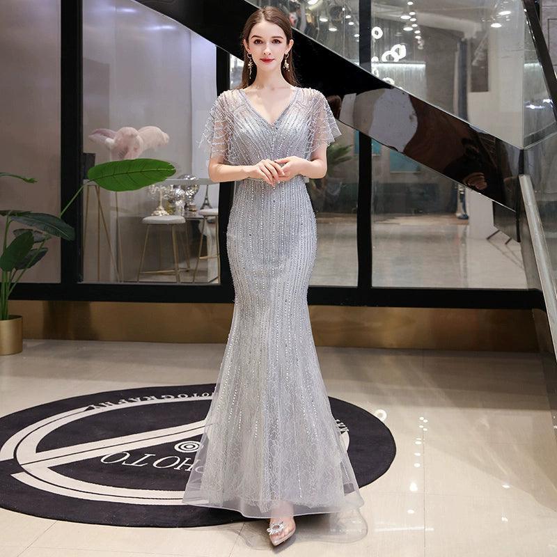 Women's Mermaid Evening Dress V-Neck Formal Dresses Long Sexy Beaded Prom Dresses for Women - numbersea