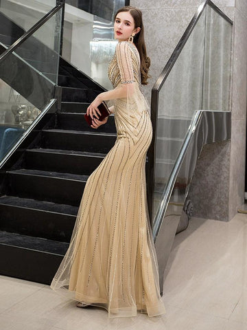Women's Mermaid Evening Dress V-Neck Prom Dresses Beaded Formal Dresses for Women - numbersea