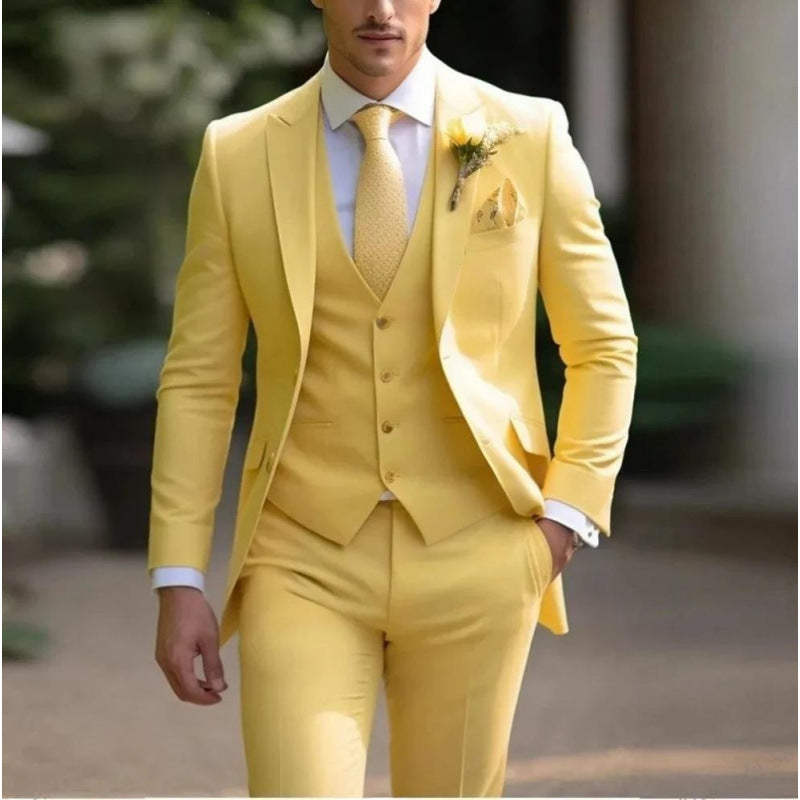 Handsome men's suit three-piece solid color high-end temperament banquet business slim fashion suit