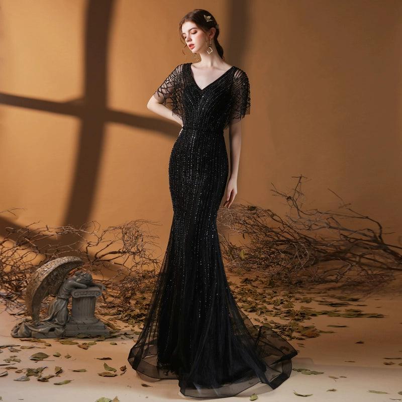 Women's Mermaid Evening Dress V-Neck Prom Dresses Long Beaded Formal Dresses for Women - numbersea