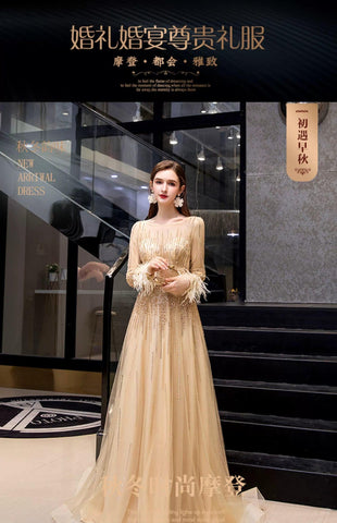 Women's Long Sleeve Prom Dresses Sexy A-Line Evening Dress Beaded Formal Dress for Women - numbersea