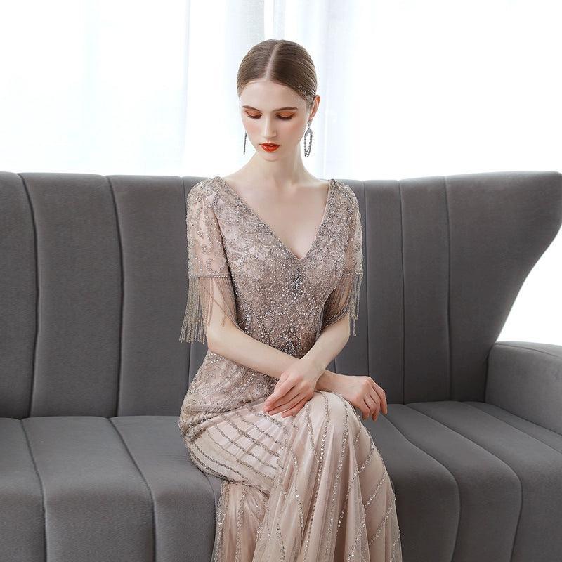 Women's Mermaid Evening Dress Long Prom Dresses for Women V-Neck Beaded Formal Dresses - numbersea