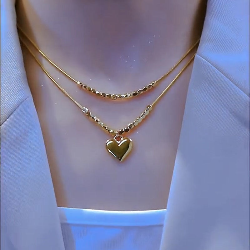 Titanium steel necklace women's chain beads small square love pendant new trendy niche simple and versatile fashion collarbone chain