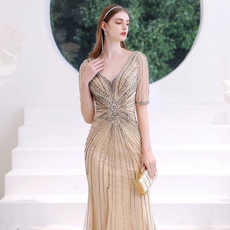 Women's Mermaid Evening Dress Long V-Neck Prom Dresses Beaded Formal Dresses - numbersea