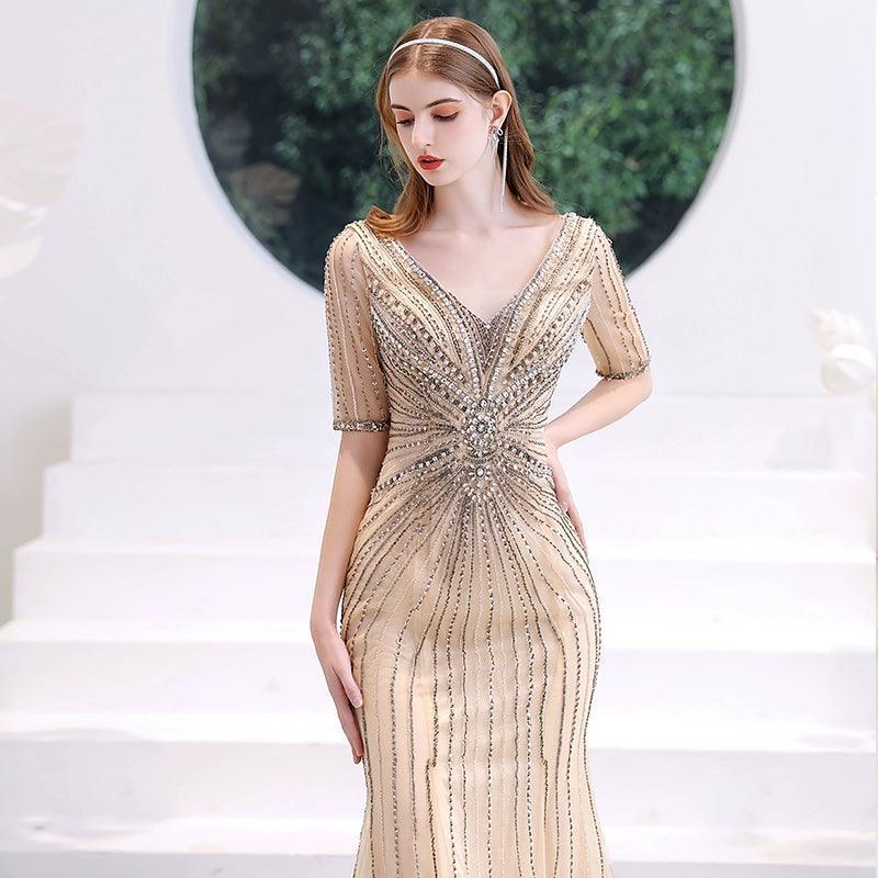 Women's Mermaid Evening Dress Long V-Neck Prom Dresses Beaded Formal Dresses - numbersea