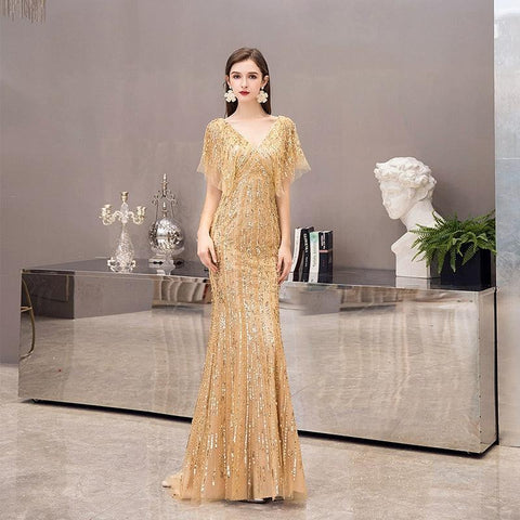 Women's Mermaid Sexy Evening Dress Long Formal Dresses Beaded V-Neck Prom Dresses for Women - numbersea