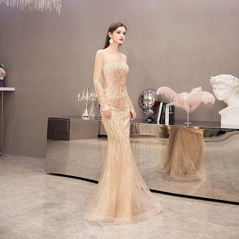 Women's Mermaid Evening Dress Long Prom Dresses Beaded Formal Dresses for Women - numbersea