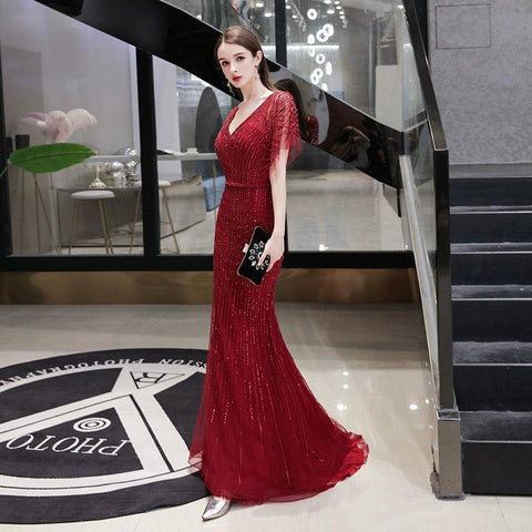 Women's Mermaid Sexy Evening Dress Long V-Neck Formal Dresses Beaded Prom Dresses - numbersea