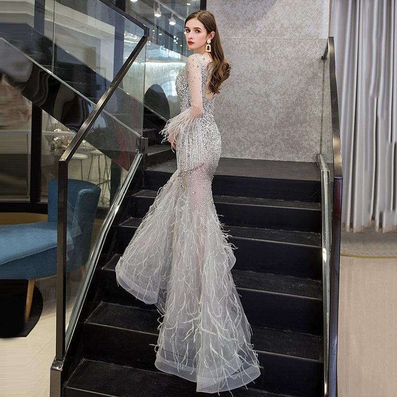 Women's Mermaid Evening Dress Long V-Neck Prom Dresses Beaded Formal Dresses - numbersea