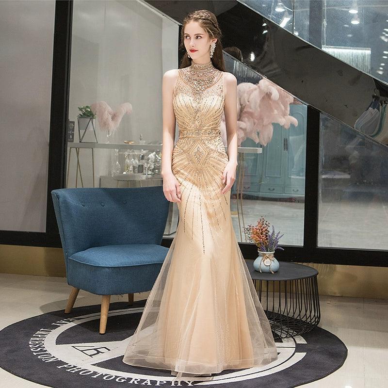 Women's Mermaid Evening Dress Beaded Sexy Prom Dresses Sleeveless Long Formal Dresses - numbersea