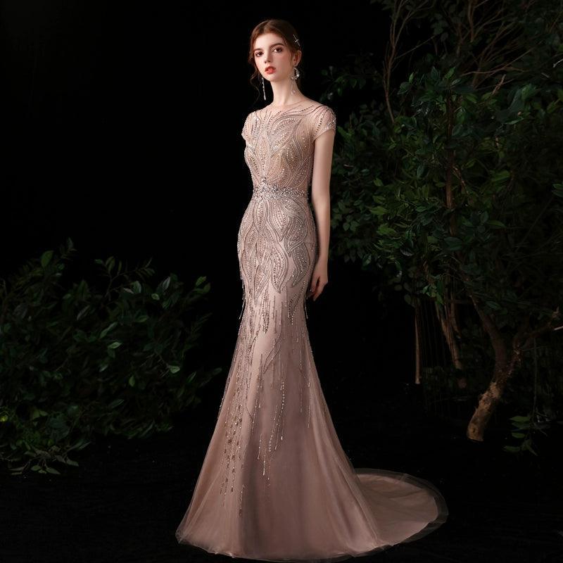 Women's Mermaid Evening Dress Long Sexy Prom Dresses Sleeveless Beaded Formal Dresses - numbersea