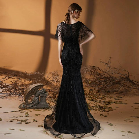 Women's Mermaid Evening Dress V-Neck Prom Dresses Long Beaded Formal Dresses for Women - numbersea
