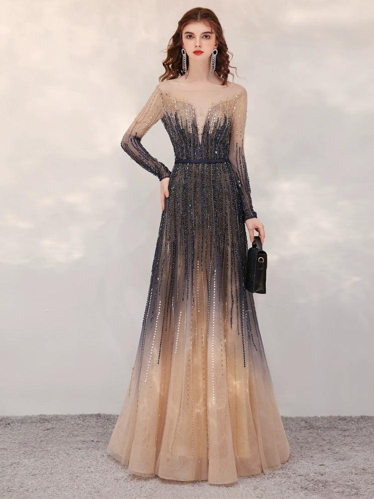 A-Line Prom Dresses Sexy Party Dress Long Sleeve Evening Dress Beaded Formal Dresses for Women - numbersea