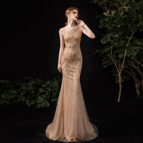 Women's Mermaid Evening Dress Long Prom Dresses Sleeveless for Women Beaded Formal Dresses - numbersea