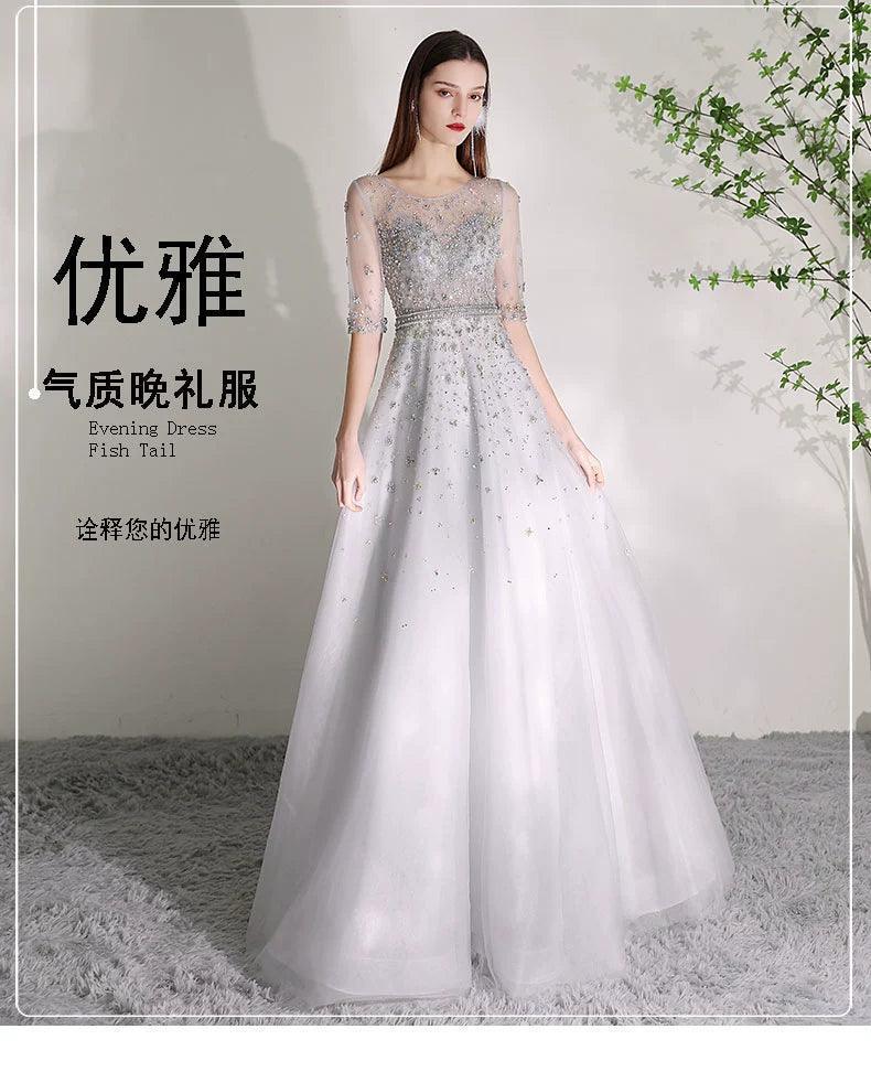 Women's A-Line Evening Dress Beaded Sexy Prom Dresses Half Sleeve Formal Dresses for Women - numbersea