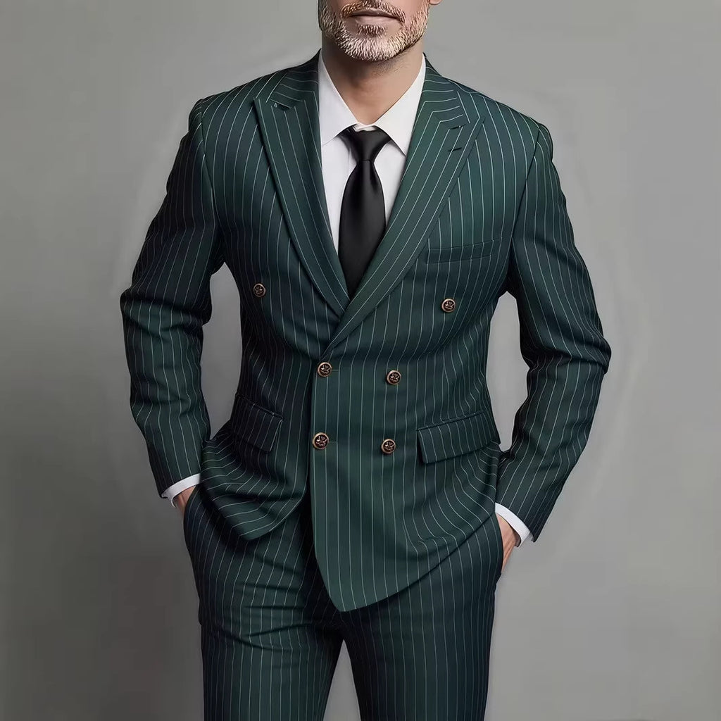 Popular light luxury striped double-breasted suit, two-piece set, barred collar slim version, four-color versatile men's suit