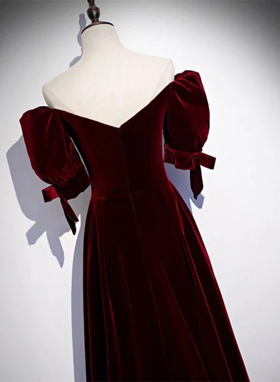 Vestido de fiesta de terciopelo rojo vino con mangas cortas y corte en A para dama de honor.