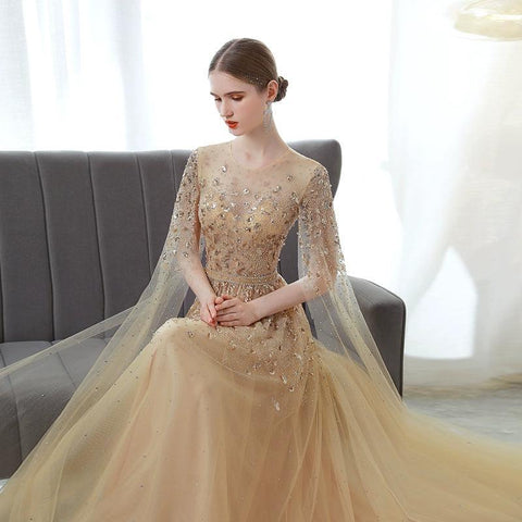 Women's A-Line Evening Dress Long Prom Dresses Beaded Formal Dresses for Women - numbersea