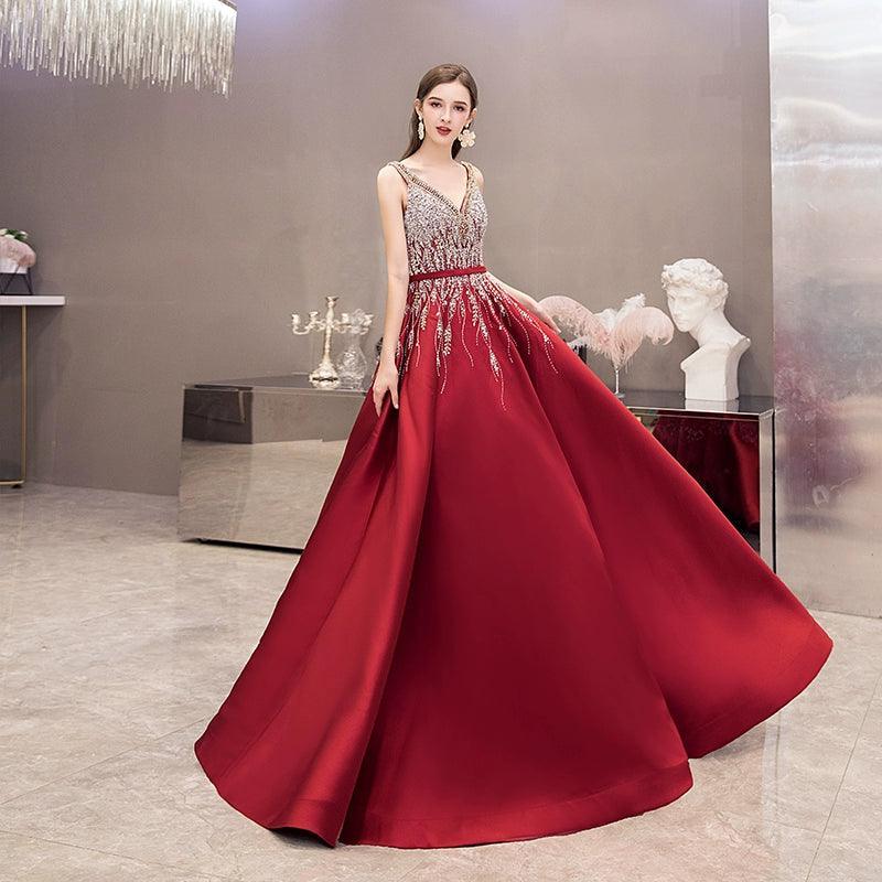 Women's Sexy Evening Dress A-Line Prom Dresses Beaded Formal Dresses Sleeveless for Women - numbersea