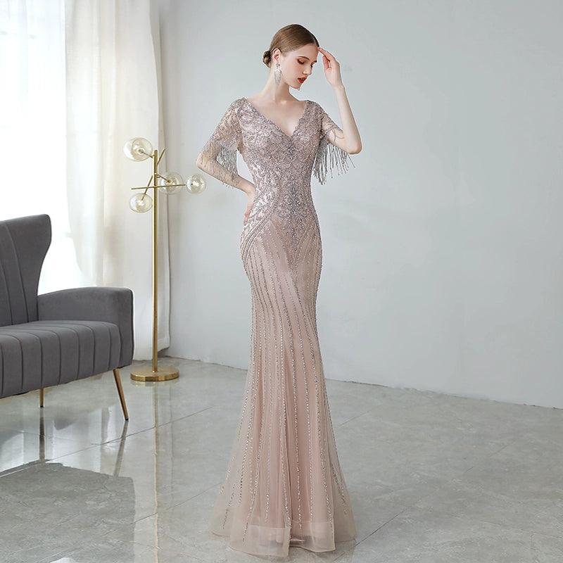 Women's Mermaid Evening Dress Long Prom Dresses for Women V-Neck Beaded Formal Dresses - numbersea