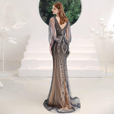 Women's Mermaid Evening Dress Long Prom Dresses Beaded V-Neck Formal Dresses - numbersea