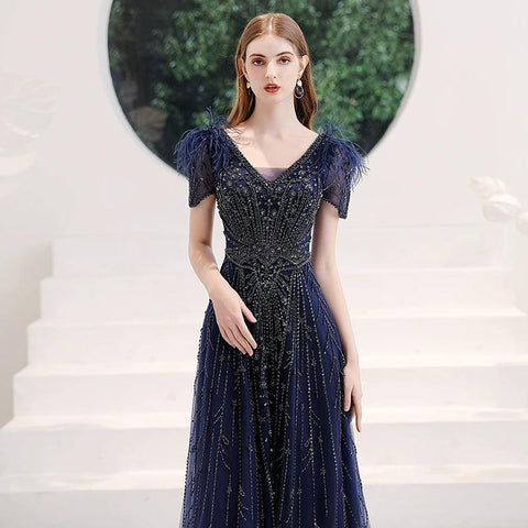 V-Neck Evening Dress Sexy Prom Dresses Beaded Formal Dresses for Women - numbersea