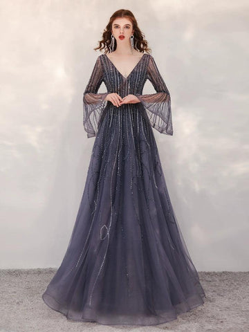 Women's A-Line Evening Dress Sexy Prom Dresses Beaded V-Neck Formal Dresses - numbersea