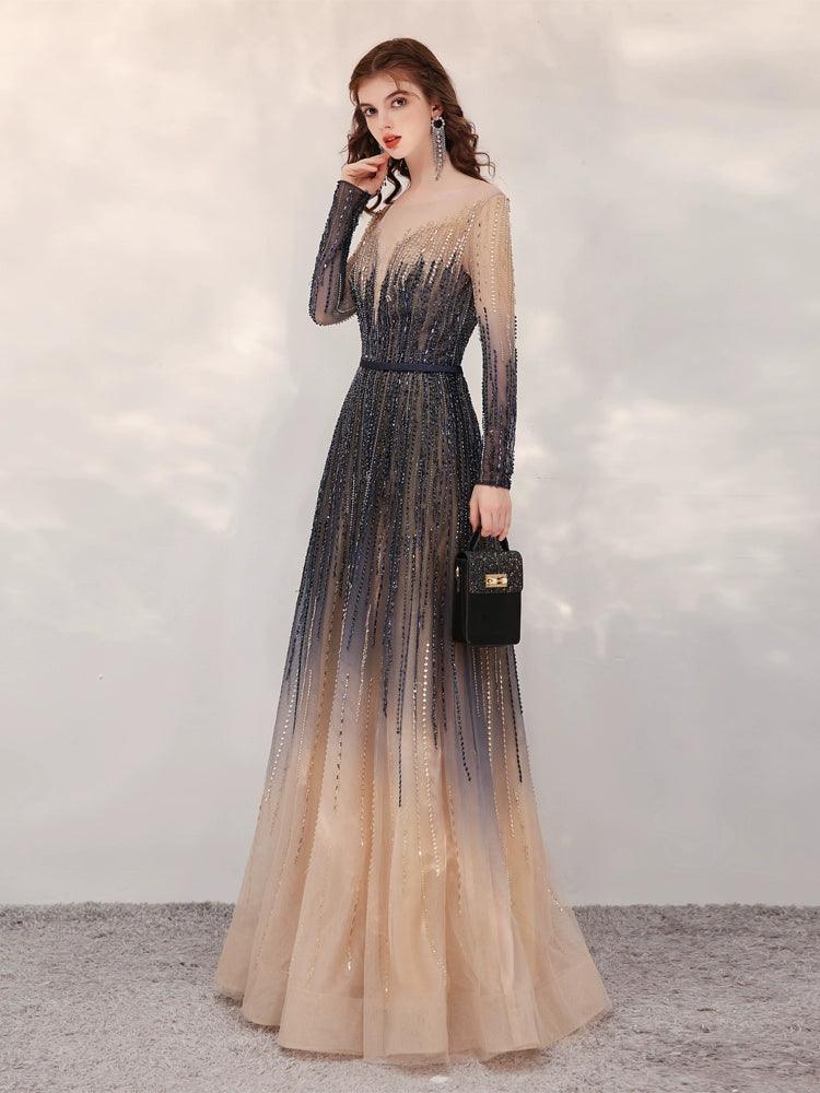 A-Line Prom Dresses Sexy Party Dress Long Sleeve Evening Dress Beaded Formal Dresses for Women - numbersea