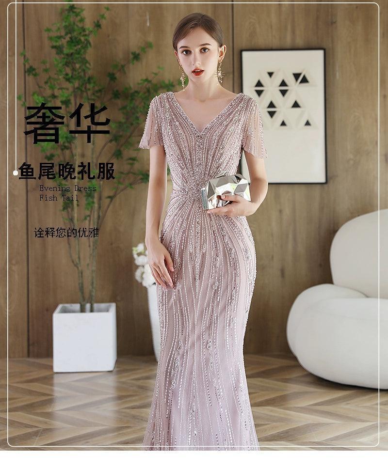 Women's Mermaid Evening Dress Sexy V-Neck Prom Dresses for Women Long Beaded Formal Dresses - numbersea