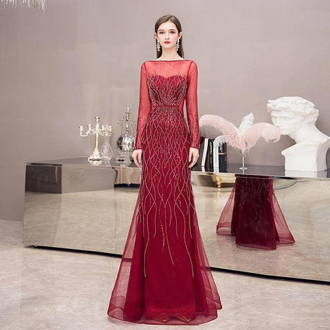 Women's Mermaid Evening Dress Long Prom Dresses Beaded Formal Dresses for Women - numbersea