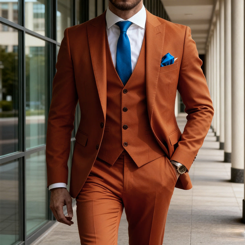Handsome men's suit three-piece solid color high-end temperament banquet business slim fashion suit