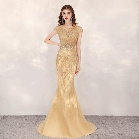 Women's Mermaid Evening Dress Long Sexy Prom Dresses Sleeveless Beaded Formal Dresses - numbersea