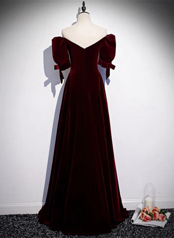 Vestido de fiesta de terciopelo rojo vino con mangas cortas y corte en A para dama de honor.