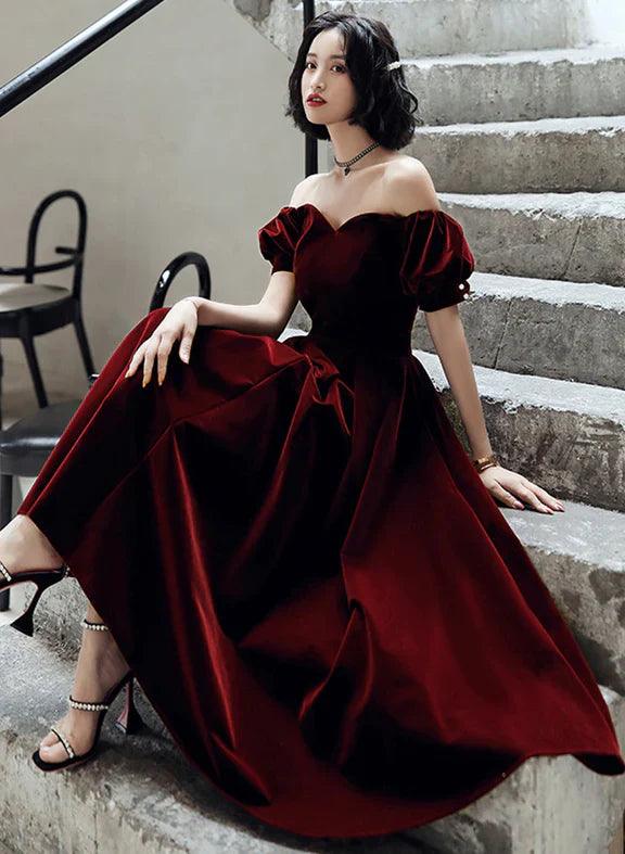 Vestido de fiesta de terciopelo rojo vino, largo hasta la rodilla, con hombros descubiertos, vestido de dama de honor rojo vino
