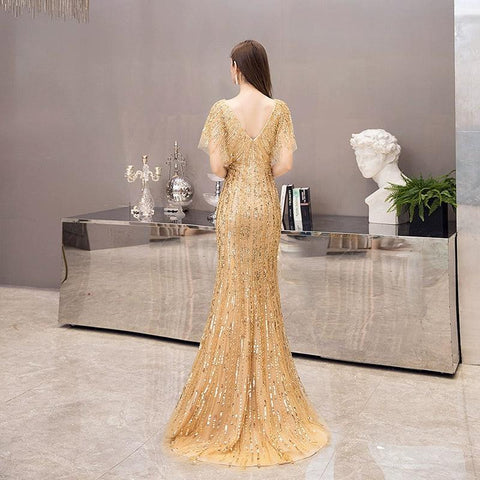 Women's V-Neck Evening Dress Sexy Prom Dresses Beaded Formal Dresses for Women - numbersea