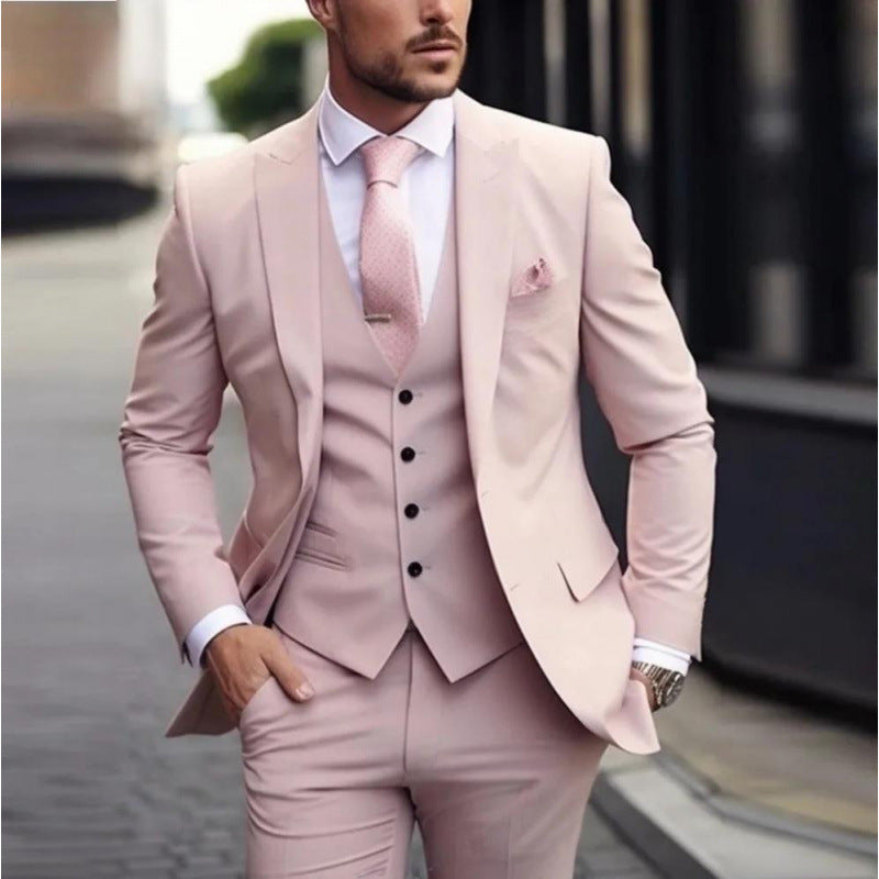 Handsome men's suit three-piece solid color high-end temperament banquet business slim fashion suit