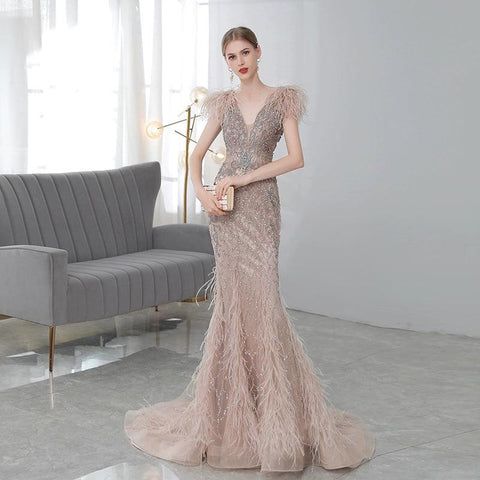 Women's Sexy Evening Dress Beaded Mermaid Prom Dresses Long V-Neck Formal Dresses for Women - numbersea
