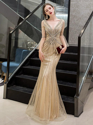 Women's Mermaid Evening Dress V-Neck Prom Dresses Beaded Formal Dresses for Women - numbersea