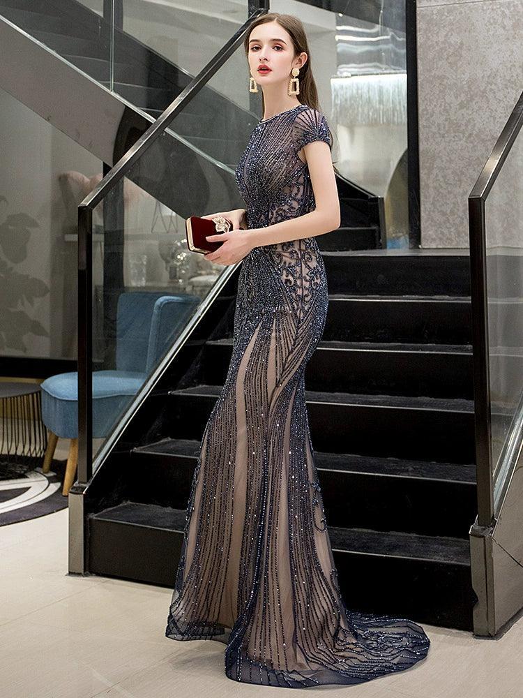 Women's Mermaid Evening Dress Long Sexy Prom Dresses Sleeveless Beaded Formal Dresses - numbersea