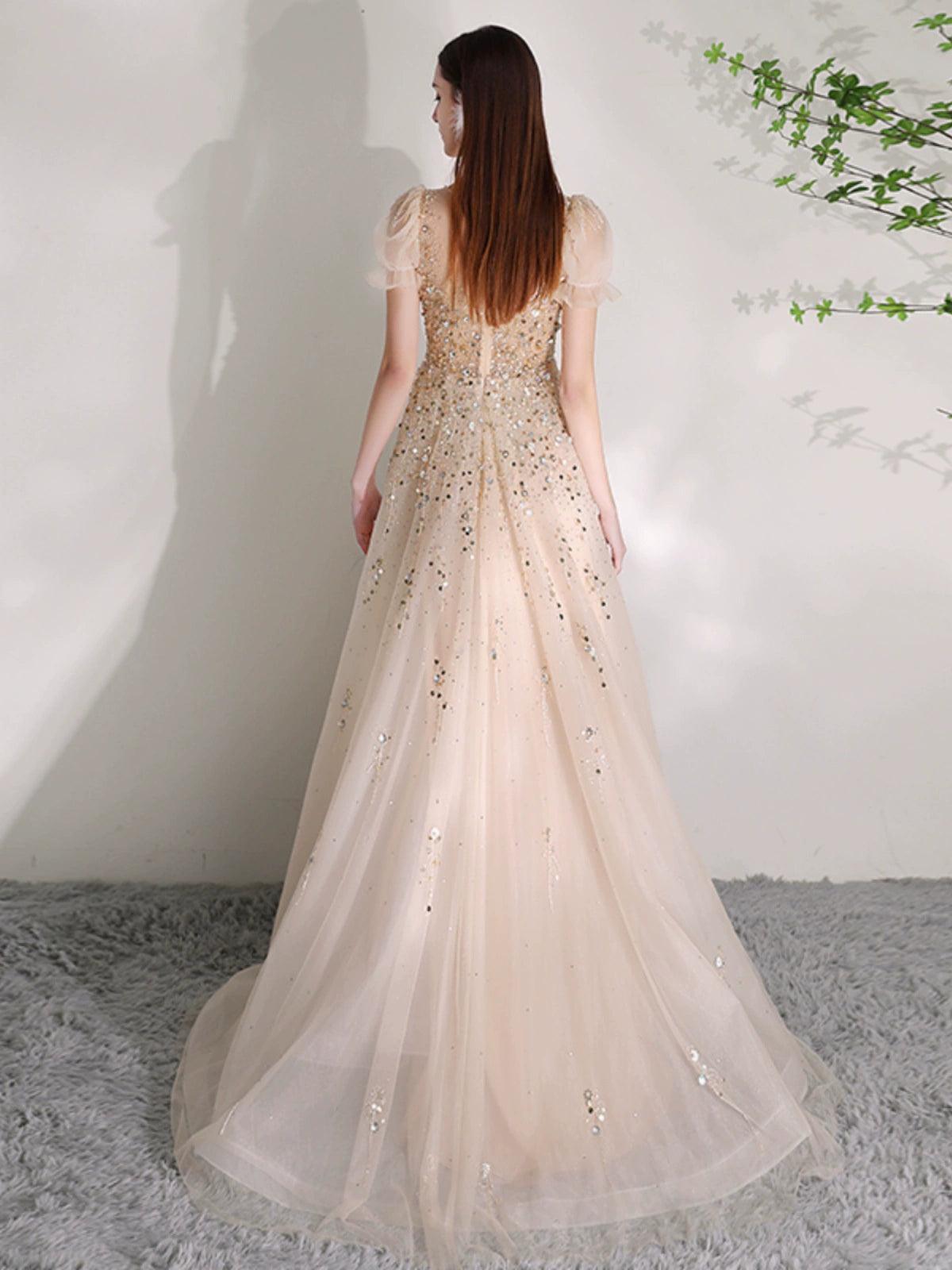 Women's V-Neck Evening Dress Sexy Prom Dresses Beaded Formal Dresses for Women - numbersea