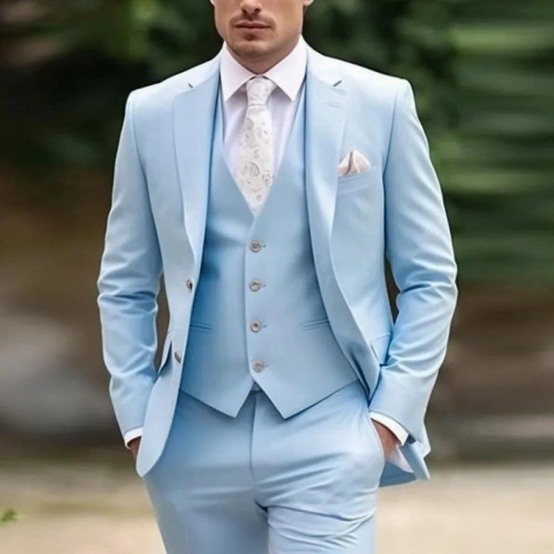 Handsome men's suit three-piece solid color high-end temperament banquet business slim fashion suit